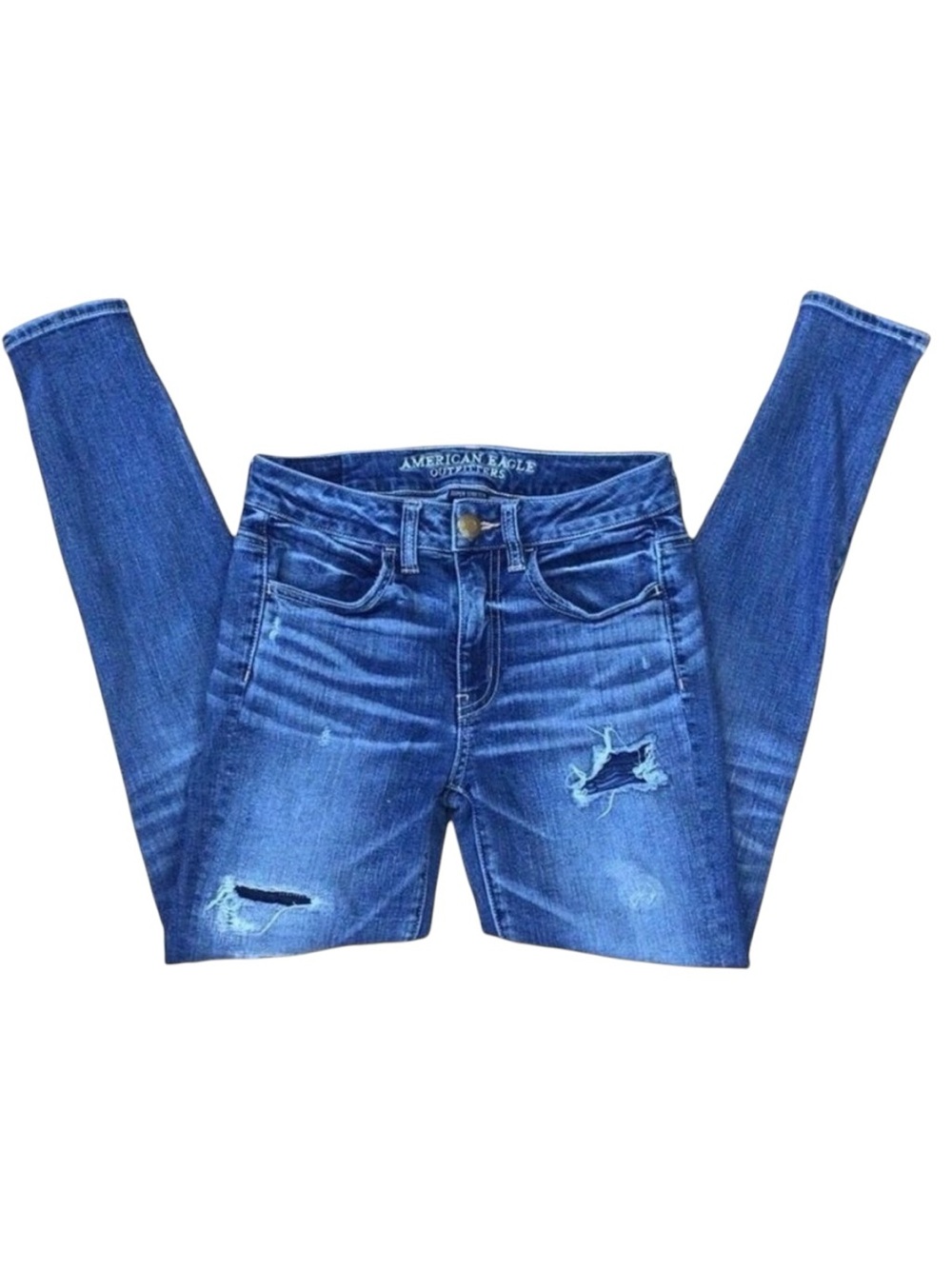 American Eagle High Rise Super Stretch Jegging Ripped Blue Denim Size 2 cool jea
